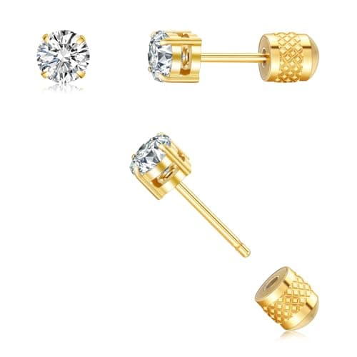 Hypoallergenic Threadless Flat Back Earrings,1 Pairs Cartilage Stud for Women Men Titanium Post 20G None Screw Easy Push in Gold Black Silver Stainless Steel Flatback with CZ 3-8mm (Gold Stud, 4mm)