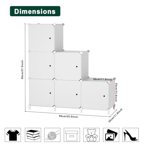 ATTDETJL Cube Storage Organizer, 6-Cube Shelves Unit with Doors, DIY Stackable Plastic Clothes Organizer for Bedroom and Under Stairs Storage Unit, Each Compartment 30 x 30 x 30 cm White - Thumbnail 3
