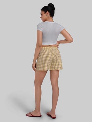 Sunzel Women's Gingham Plaid Boxer Shorts – Elastic Waist Loose Fit Pajama Lounge Shorts Y2K Summer Beach Casual Pj Bottoms Yellow Plaid Medium - Thumbnail 5