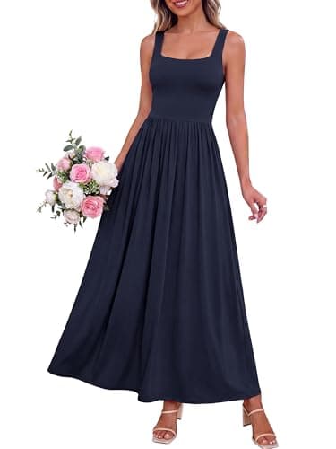 BTFBM Summer Dresses for Women 2026 Maxi Casual Square Neck Flowy Long Sundress Spring Wedding Guest Cocktail Dress(Navy Blue, Large) - Image 1