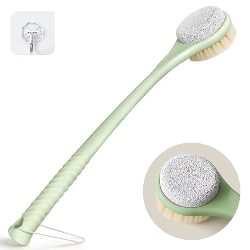 CYMPHW Back Scrubber for Shower, Long Handle Exfoliating Brush, Dual-Sided Bath Brush with Soft Bristles & Volcanic Pumice Stone, Anti-Slip Grip for Men & Women (Green)