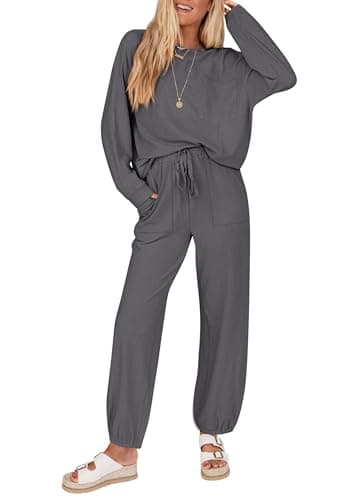 KIRUNDO Lounge Sets for Women 2026 Fall Airport Travel Outfits Ribbed Knit Tops Jogger Pants Tracksuit Postpartum Comfy Set(Dark Grey, X-Large) - Image 1