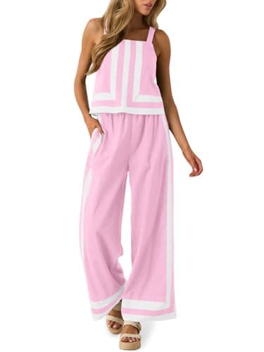 Tankaneo Womens 2 Piece Lounge Set Summer Casual Color Block Cami Top Wide Leg Pants Set Beach Vacation Outfits - Image 1