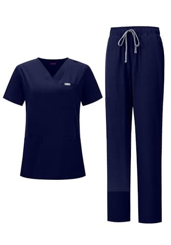 YEZEX Women's Scrub Set, V-Neck Top & Straight Leg Pants w/ 6 Pockets, Medical Scrubs Top & Pants - Image 1