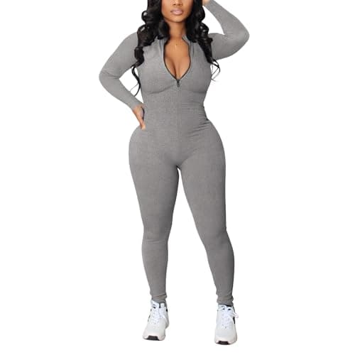 Wcuvbv One Piece Jumpsuits for Women Sexy Zip Up Bodycon Long Sleeve Ribbed Long Pants Romper Outfits Deep Grey S - Image 1