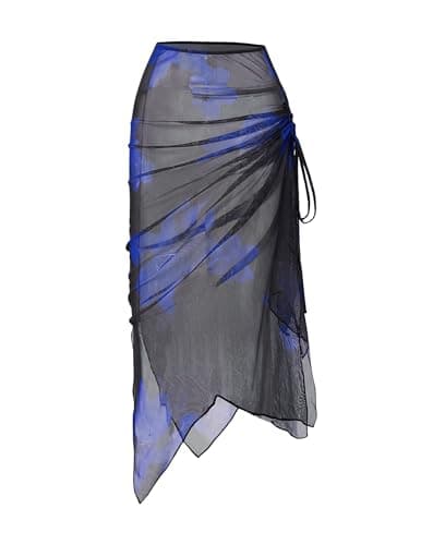 Finesatile Black Sarong Wraps Mesh Bathing Suit Cover Up for Women Sheer Long Swimsuit Bikini Coverup Blue Floral Pattern L - Image 1