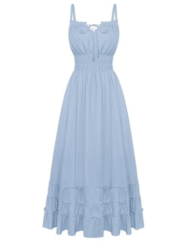Scarlet Darkness Women's Summer Maxi Dress 2026 Boho Sleeveless Ruffle Flowy Milkmaid Sundress with Pockets Light Blue 2XL - Image 1