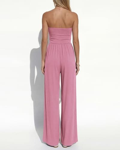 BTFBM Jumpsuits For Women Summer 2026 Beach Vacation Strapless Tube Top Jumpsuit Ruched Casual Wide Leg Pant Rompers(Pink, Large) - Thumbnail 3