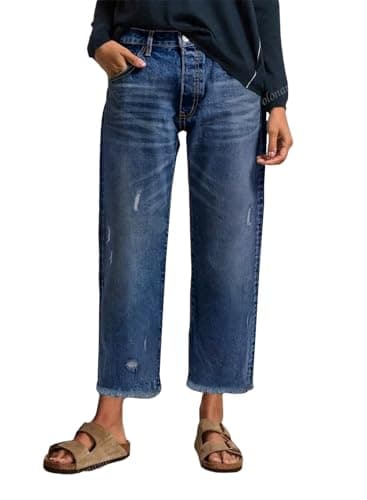 EVALESS Women Jeans Stretchy Boyfriend Straight Leg Denim Pants Washed Ripped Frayed Raw Hem Capri Wide Leg Ankle Trousers Dark Blue Size 8 - Image 1