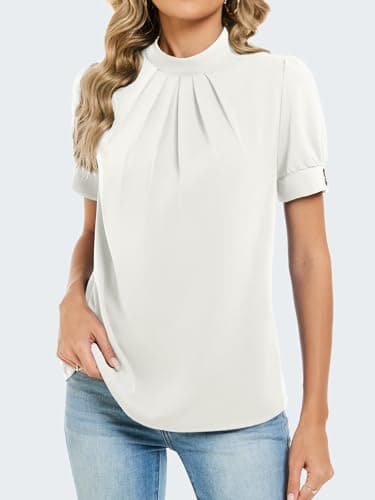 Funlingo Dressy Tops for Women Business Casual Puff Short Sleeve Work Blouses 2026 Summer Mock Neck Loose Fitting Flowy White Shirt S - Thumbnail 2