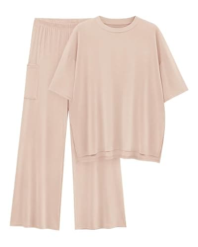 KIRUNDO 2 Piece Lounge Sets for Women Airport Travel Vacation Outfits Summer Casual Loose Short Sleeve Tops & Wide Leg Pants(Beige, Medium) - Image 1