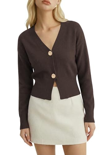 Women's Spring Cardigan Lightweight Knit V Neck Sweater for Office Everyday Layering Outfits Chocolate Brown M - Image 1