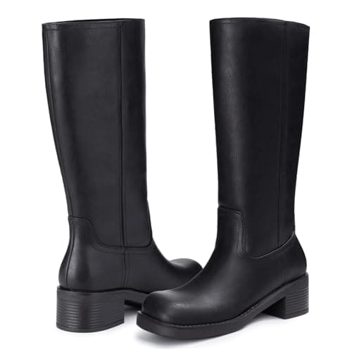 Athlefit Black Knee High Boots for Women Square Toe Fashion Tall Boots Slip On Dress Chunky Low Heel Booties Size 7.5 - Thumbnail 5