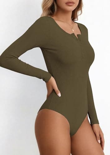 PRETTYGARDEN Long Sleeve Bodysuits for Women 2026 Ribbed Knit Henley Button Up Slim Fitted Basic Tops Spring Fashion Clothing (Army Green,Small) - Thumbnail 6