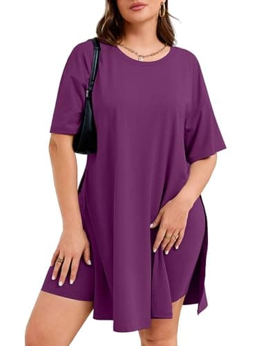 AusLook Plus Size Lounge Set for Women 2 Piece Outfit Oversized Tunic Top and Biker Shorts Purple 4X Matching Set Side Slit Casual Comfy Summer Outfit Travel Airport Look Maternity Friendly Sets - Image 1