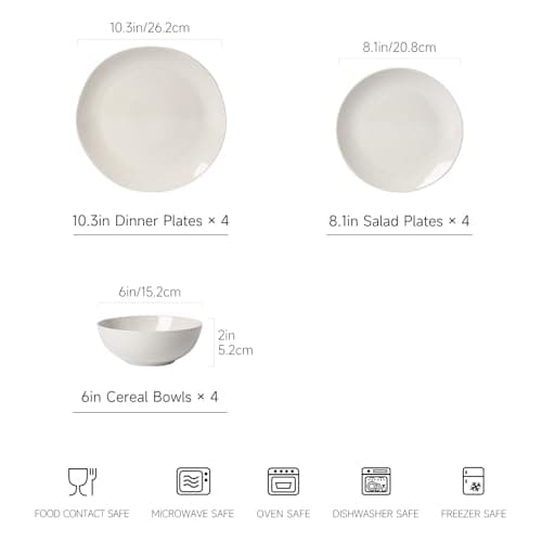 ALOFMO Ceramic Dinnerware Sets for 4,12 Pieces Plates and Bowls Sets, Plates Pasta Bowls Soup Bowls, Modern Stoneware Dishes, Reaction Glaze (White) - Thumbnail 2