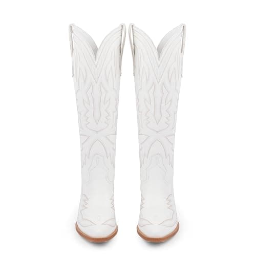 VIUGJNEX Womens Cowboy Boots Embroidered Chunky Heel White Cowgirl Boots Pull on Pointed Toe Knee High Boot Women Wide Calf Low Heel Western Boot Women Size 7 - Thumbnail 6