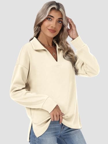 Lallabai Womens Sweatshirts Airlayer Tunic Tops Long Sleeve Hoodies V Neck Loose Pullover Sweaters 2026 Fall Fashion Outfits Apricot - Thumbnail 4