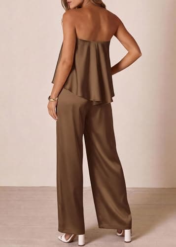 KIRUNDO Jumpsuits For Women Dressy 2026 Summer Satin Strapless Romper Flowy Tube Top Spring One Piece Vacation Outfits(Brown, XX-Large) - Thumbnail 4