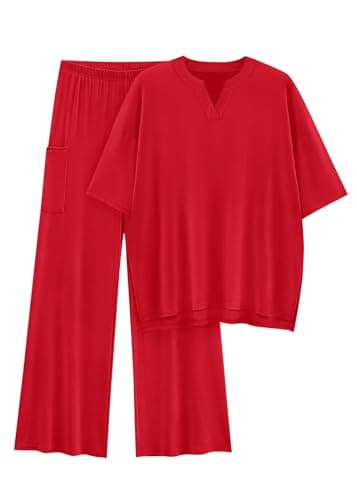 KIRUNDO Womens 2 Piece Matching Lounge Set Airport Travel Vacation Summer Outfits Oversized Short Sleeve Tops Wide Leg Pants(Red, XX-Large) - Image 1