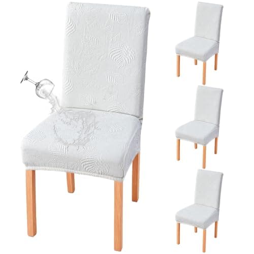 Genina Waterproof Dining Chair Covers Set of 4,Stretch Dining Room Chair Slipcovers with Leaf Jacquard,Removable Kitchen Chair Protector for Home,Restaurant,Banquet-White - Image 1