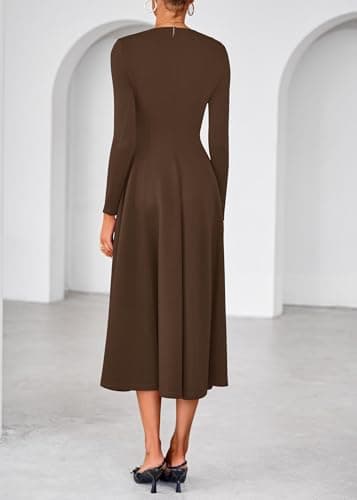 Lazysmile Long Sleeve Fall Dresses for Women Square Neck A Line Flowy Casual Elegant Wedding Guest Party Maxi Dress Brown - Thumbnail 2