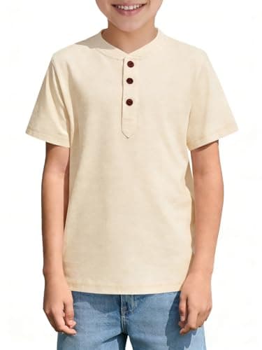 ZDC Boys' Short Sleeve Henley Shirt Casual Button Up Summer Top for School Everyday Wear Beige