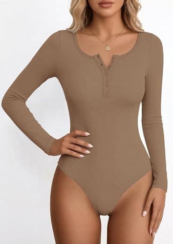 PRETTYGARDEN Long Sleeve Bodysuits for Women 2026 Ribbed Knit Henley Button Up Slim Fitted Basic Tops Spring Fashion Clothing (Light Khaki,Small) - Thumbnail 4