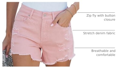 Luvamia High Waisted Women's Stretchy Denim Shorts Ripped Distressed Summer Casual Size 12, 14 Candy Pink - Thumbnail 4