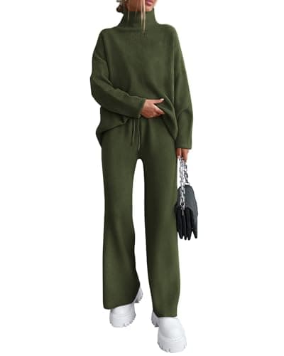 dowerme Women Spring 2 Piece Outfits 2026 Winter High Neck Sweater Sets Drawstring Wide Leg Pant Chunky Knit Lounge Set(Army Green,Small)