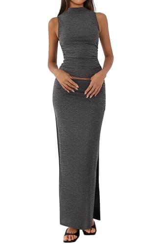 BTFBM Womens Two Piece Outfits Summer Lightweight 2026 Mock Neck Sleeveless Knit Tops Maxi Skirt Set Going Out Dress(Dark Grey, X-Large) - Image 1