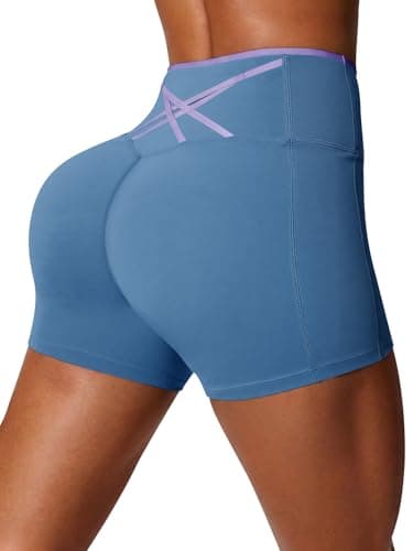 Aoysky Womens Workout Biker Shorts 5" Color Block High Waisted Yoga Athletic Shorts Blue