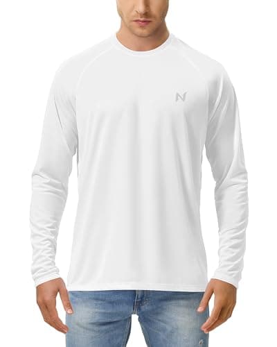 isnowood Sun Protection Shirts for Men, UPF 50+ Long Sleeve, UV Quick Dry Rash Guard Swim Shirt for Fishing Hiking Running White - Image 1