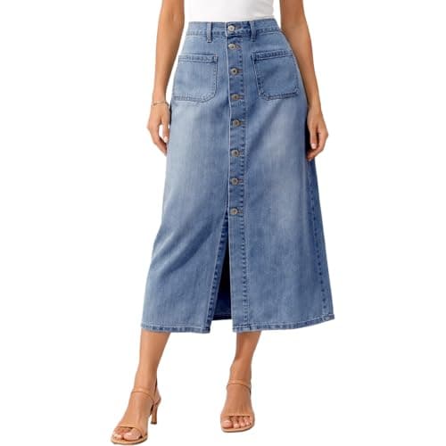 materasu Women Denim Midi Skirt with Pocket Button Front Casual Straight High Waist Jean Skirt - Image 1