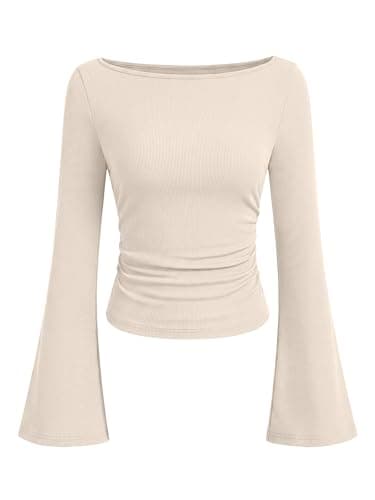 ANRABESS Women Bell Long Sleeve Shirts Boat Neck Top Beige XX-Large