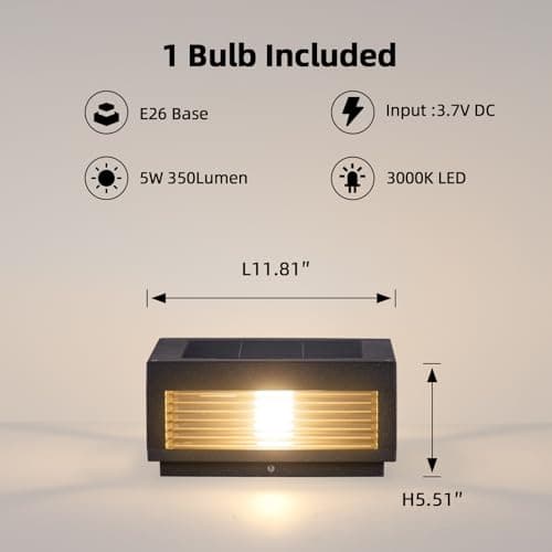 PAKEDANDUN Solar Post Light,11.81''x11.81'' Waterproof Column Pillar Lights Dusk to Dawn Modern Lamp Posts 3000K LED E26 Bulb Decoration Lantern for Garden Fence Patio Driveway - Thumbnail 6