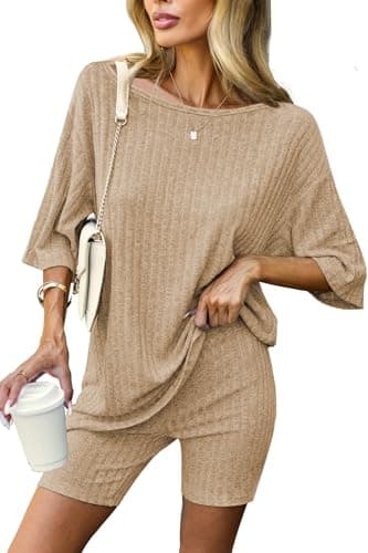 Molirex 2 Piece Summer Shorts Set for Women 3/4 Sleeve Off Shoulder Ribbed Pajamas Matching Outfits Biker Sweatsuits Khaki L - Image 1