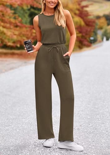 PRETTYGARDEN Jumpsuits for Women Casual 2026 Summer Sleeveless Wide Leg Pants Rompers One Piece Beach Vacation Spring Outfits (Army Green,X-Large) - Thumbnail 6