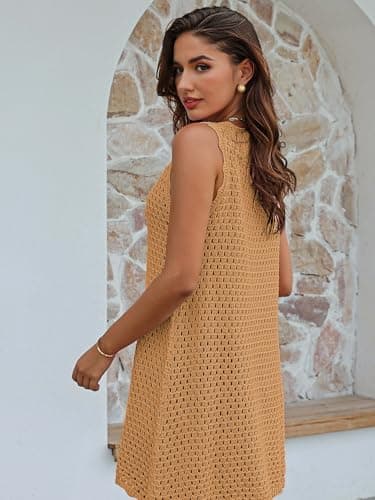 AiMgFUN Womens Swimsuit Cover Up Sleeveless Knit Swimwear Bathing Suit Coverup Crochet Beach Dress for Summer Outfits 2025 Khaki-S - Thumbnail 5