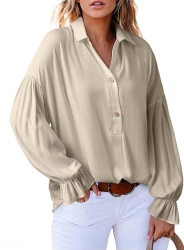 Astylish Women's Dressy Casual Blouses Business Work Linen Tunic Spring Summer Tops Beach Cute Long Lantern Sleeve V Neck Button-Down Henley Shirts Beige Small - Image 1