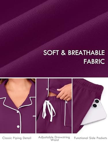 AusLook Plus Size Purple Pajama Set for Women Short Sleeve Button Down Sleepwear 2 Piece Loungewear with Pockets Notch Collar Drawstring Pajama Shorts Soft Comfy PJ 5X Set - Thumbnail 6