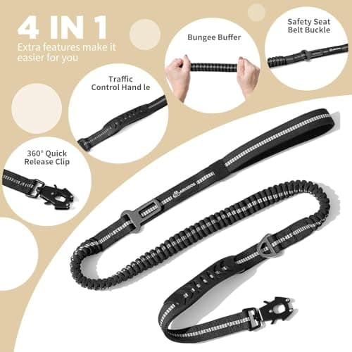 4-6FT Heavy Duty Dog Leashes for Large Dogs, Shock Absorbing Bungee Tactical Leash with 2 Padded Handle, Car Seatbelt and Metal Carabiner Clip, Strong No Pull Dog Leash for Medium - Thumbnail 3