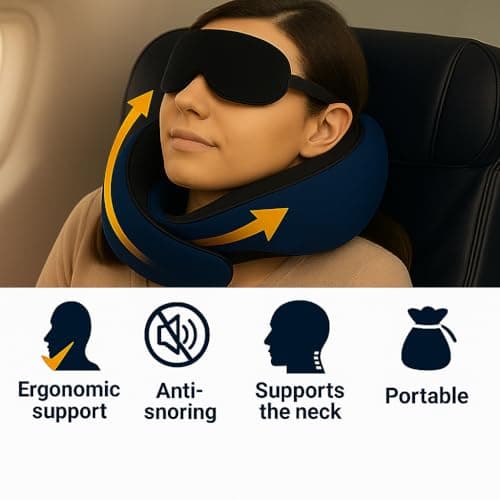 Gourstar Travel Pillow, Travel Pillows for Airplanes, 100% Pure Memory Foam Travel Neck Pillow with Eye Mask & Ear Plugs, Comfort and Ergonomic Design, Ideal for Airplanes, Cars and Offices - Thumbnail 2