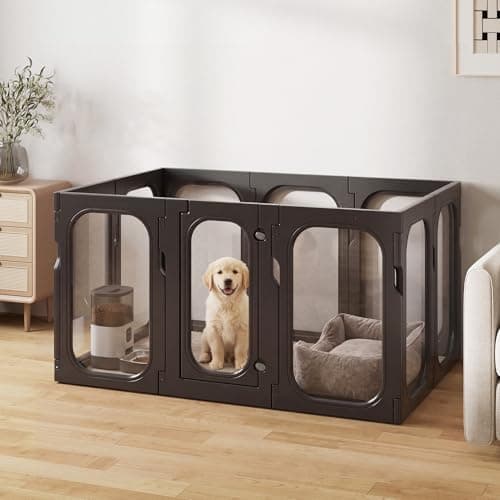 Jenwnet Acrylic Clear Dog Playpen Indoor with Door, 26'' H Transparent Dog Play Pen for Small Dogs, No-Connector Modular Puppy Playpen with Integrated Suction Cups Base, 10 Panels, Black - Image 1