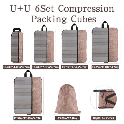 U+U 6 Set Compression Packing Cubes - Ultralight Travel Organizers with Laundry Bag, Space-Saving Suitcase Organizer, Expandable Packing Cubes for Travel and Family Vacation (Paisley Pattern) - Thumbnail 5