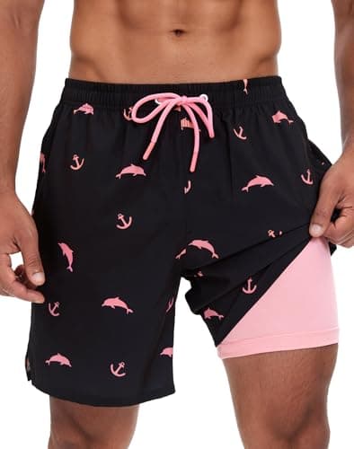 MOSSROZZ Mens Swim Trunks with Compression Liner - 7 Inch 2 in 1 Quick Dry Board Shorts with Zipper Pockets Bathing Suit for Beach, Pool, Vacation, Black-Dolphin, S - Image 1