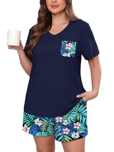 AusLook Plus Size Pajama Set for Women 2 Piece V Neck Short Sleeve Loungewear 3X Set with Pajama Printed Shorts Summer Sleepwear Loose Fit 1X-5X - Image 1