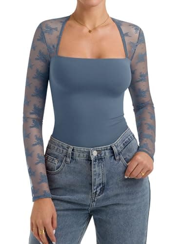 PINKMSTYLE Long Sleeve Shirts for Women Slim Fitted Double Lined Square Neck Fall Trendy Y2K Going Out Tops Pigeon Blue Large - Image 1