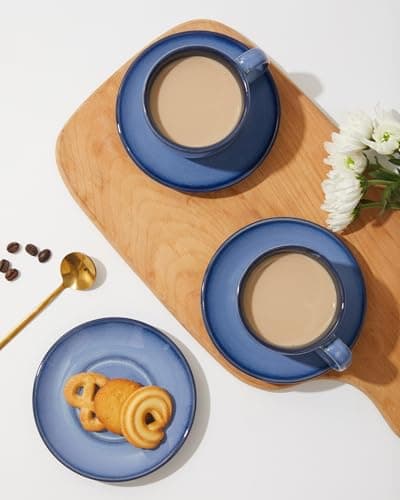 Pokini Stoneware Coffee Cups with Saucers, 6 Oz Cappuccino Cups Set of 4, Microwave & Dishwasher Safe, Perfect For Tea, Espresso, Latte, Ceramic Mugs for Kitchen or Cafe, Light Blue - Thumbnail 4