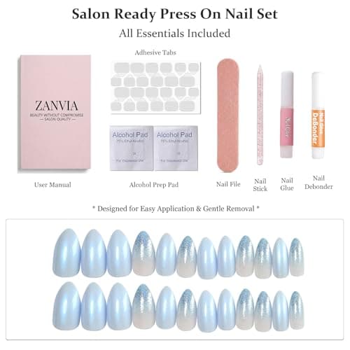 Press On Nails Almond Ombre Blue - Soft Gel Fake Nails With a Shimmery Finish, For Women And Teens, Perfect For Daily Wear, Playdates, And Relaxed Outings, 12 Sizes 24 Nail Kit With Glue - Thumbnail 4